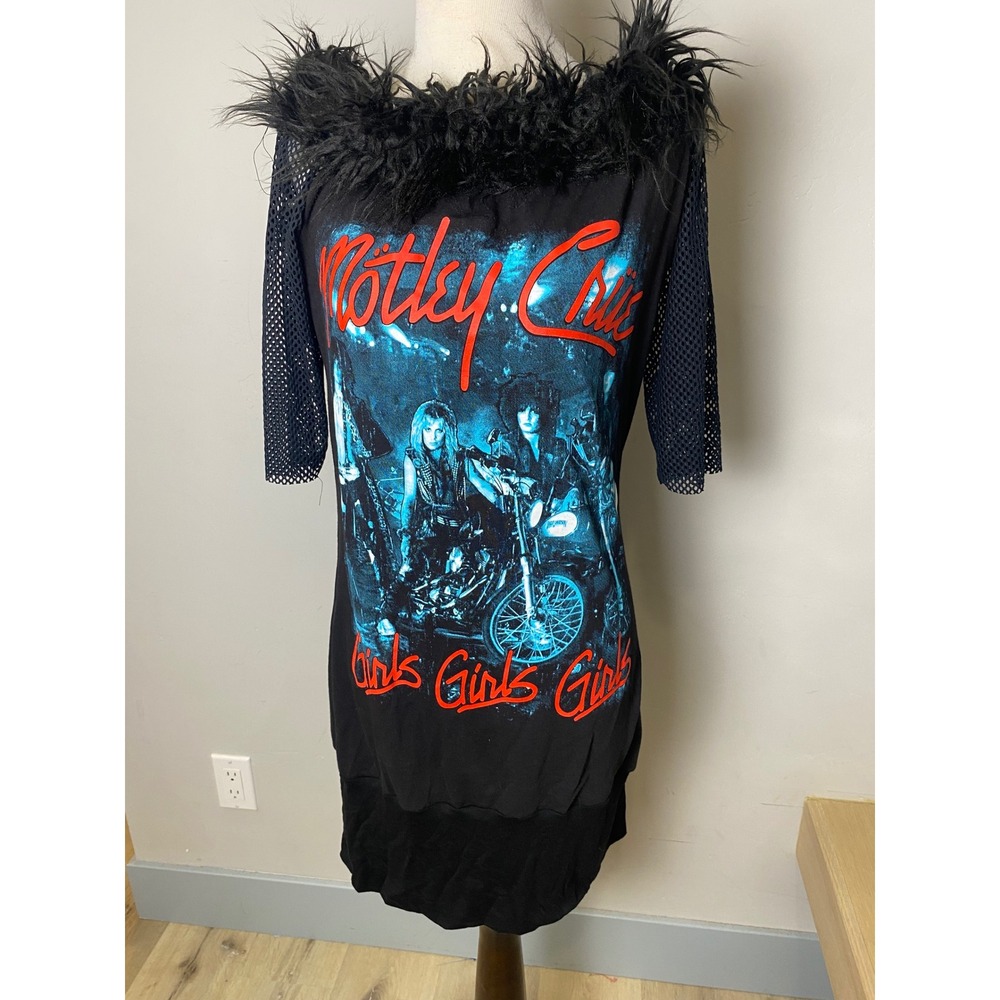 Motley Crue Girls Girls Girls Graphic Dress Faux Fur Mesh Sleeve Black Rocker
